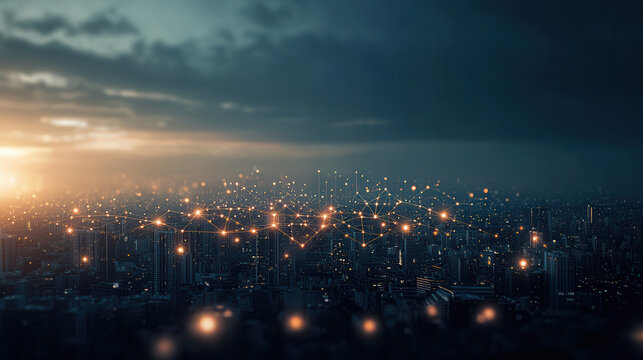 futuristic cityscape illuminated by glowing network connections, symbolizing innovation and digital connectivity