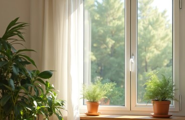 Fototapeta premium View from home window to sunny green forest. Potted plants on windowsill. Interior design element. Modern apartment living room with transparent window. Sunlight. Home gardening, eco-friendly,