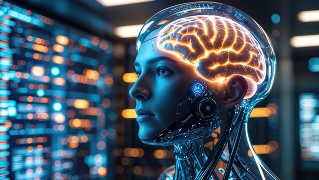 A futuristic humanoid figure with a glowing brain, symbolizing advanced technology and intelligence.