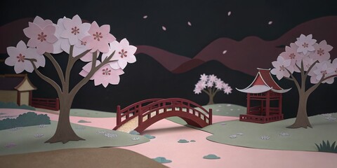 Charming  Japanese Beautiful Scene Concept. Serene Papercraft Scene Tranquil Bridge,Cherry Blossom Trees,and APeaceful Gazebo Nestled In ADark Night Landscape