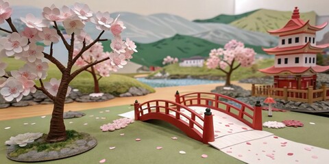 Obraz premium Charming Japanese Beautiful Scene Concept. Serene miniature diorama a charming Japanese garden with cherry blossoms, a red bridge, and a pagoda, showcasing tranquility and beauty.