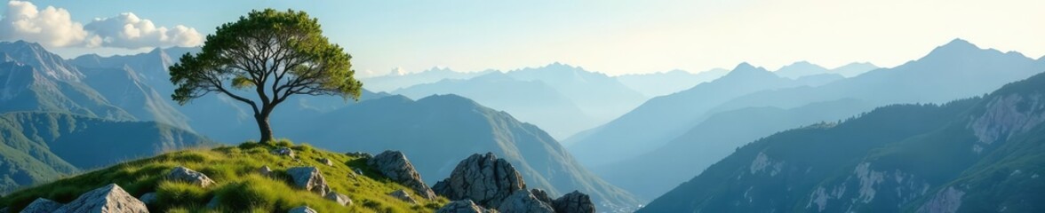 A lone tree with its branches outstretched on a mountain slope, natural scenery, solo, mountains