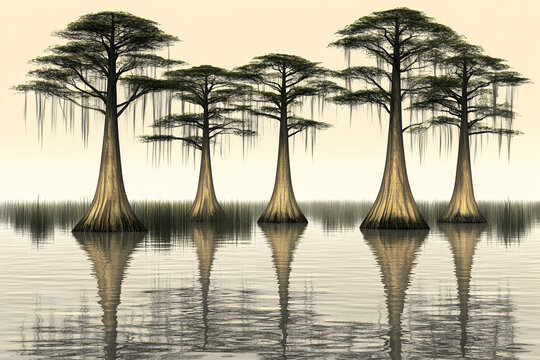 Serene swamp scene with four majestic cypress trees reflected in calm water, evoking tranquility and the beauty of nature. - Powered by Adobe