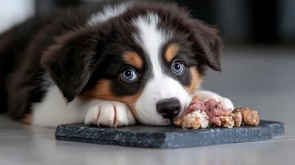 Adorable puppy enjoying a meal.  A small, fluffy puppy with striking blue eyes, is focused on eating a small portion of food on a dark slate plate.  The puppy appears happy and content