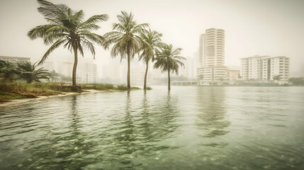 Flooded coastal city scene with palm trees and hazy atmosphere; evocative of climate change or severe weather.