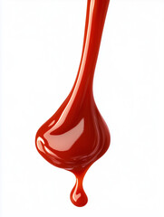 Drops of red liquid ketchup or blood in downward motion on a white background.