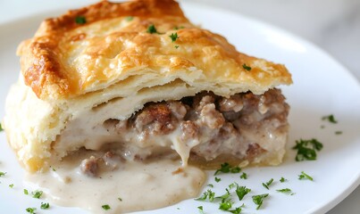 a hearty slice of sausage, gravy, and biscuit pie, Generative AI
