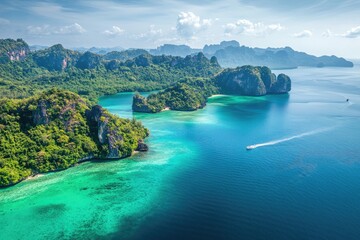 Fototapeta premium Lush tropical islands and turquoise waters. Dramatic coastal landscape with lush vegetation, dramatic cliffs, and a vibrant aquamarine sea. A small boat traces a path across the water