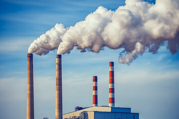 Industrial pollution Two large smokestacks emitting thick plumes of smoke against a clear blue sky.  Environmental impact and industrial emissions.