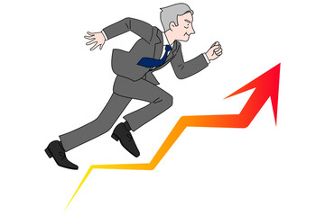 右肩上がりの矢印と勢いよく走るサラリーマン　ミドル　シニア　上司　社長