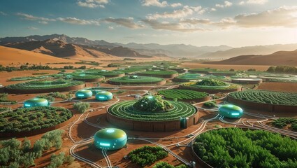 A futuristic agricultural settlement with circular farms in a desert landscape.