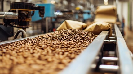 Fresh Coffee Beans Flowing on Production Line in Modern Factory