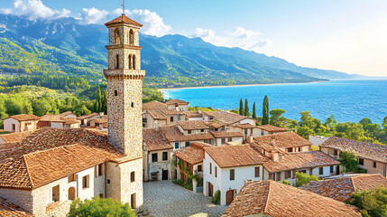 Fototapeta premium Picturesque coastal village nestled against a mountain range, featuring terracotta rooftops, a bell tower, and stunning ocean views. Ideal for travel brochures and tourism websites.