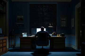 Intense concentration man working late in dimly lit office showing dedication