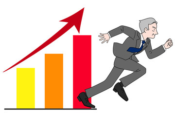 業績が上がっていく右肩上がりの棒グラフと颯爽と勢いよく走るサラリーマン　ミドル　シニア　上司　社長
