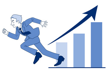 業績が上がっていく右肩上がりの棒グラフと颯爽と勢いよく走るサラリーマン　ミドル　シニア　上司　社長