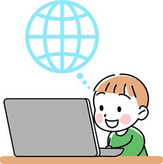 PCを使い楽しく学び世界とつながるこどものイメージイラスト素材