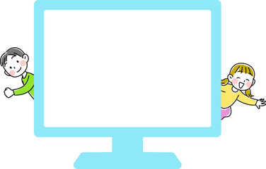 PCを使い楽しく学び世界とつながるこどものイメージイラスト素材