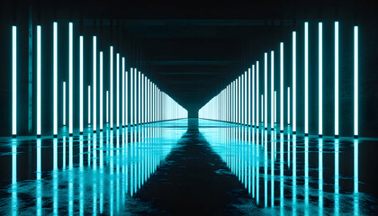 Obraz premium Futuristic neon tunnel with vibrant teal light pillars reflecting on a wet floor. Perfect for sci-fi, technology, or abstract backgrounds.