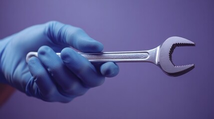 Obraz premium Blue gloved hand holding a crescent wrench tool sideways