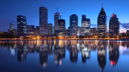 Naklejka premium A dramatic night-time city skyline with a reflective floor, creating a perfect product showcase