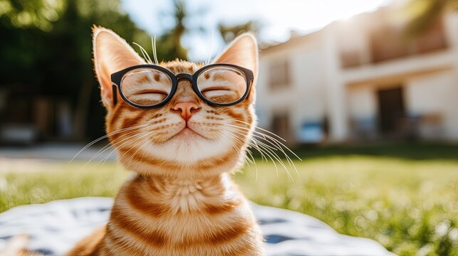 Playful orange tabby cat wearing glasses smiles happily in a sunny backyard on a warm day - Powered by Adobe