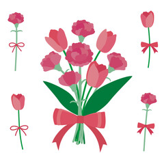 カーネーションとチューリップの花束と単体の花セット