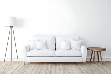 Modern white living room sofa with lamp and side table.  Interior design mock-up for catalog use