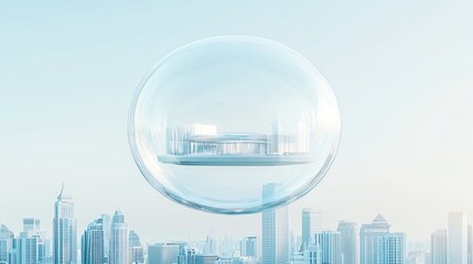 Fototapeta premium Floating Building Inside Bubble Above City Skyline - Concept for Innovation