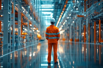 Worker in safety gear stands in a large industrial warehouse