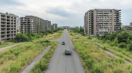 Obraz premium A deserted street lined with abandoned buildings