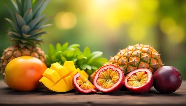 tropical fruits on a wooden table Food Fruit gradient background 
