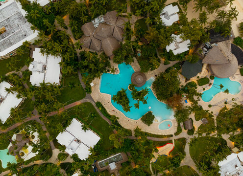A view of a tropical resort with palm trees and a large pool