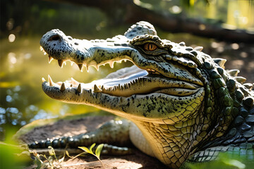 Fototapeta premium Powerful Crocodile Resting on Riverbank in Natural Habitat