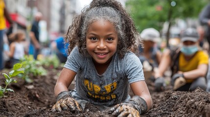 A vibrant scene of community effort, where individuals and families work together to plant trees and tend to a flourishing community garden. 