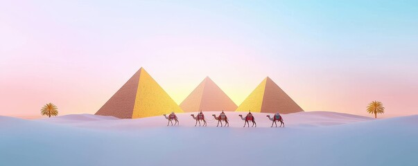 Desert Landscape with Pyramids and Camels at Sunset
