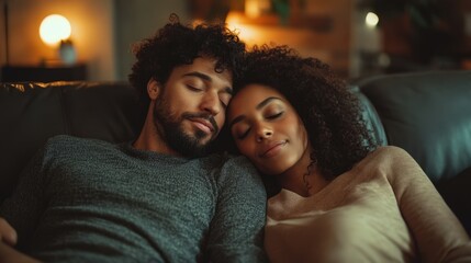 Fototapeta premium Affectionate Couple Relaxing Together on Couch Intimate Moment Peaceful Evening at Home