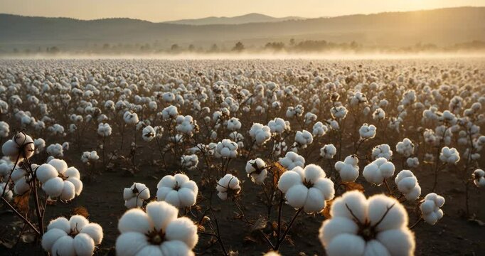 A beautiful landscape of a cotton field on the sunrise