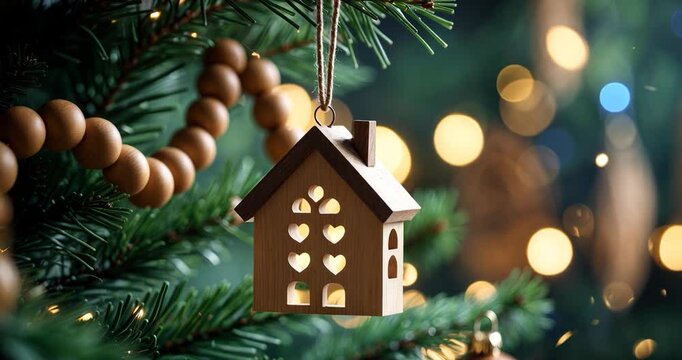A beautifully decorated Christmas tree features wooden house ornaments and soft lights. The scene captures a cozy holiday atmosphere, perfect for family gatherings and celebrations.