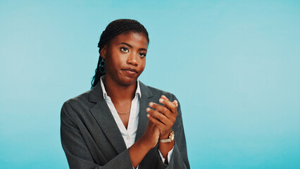 Applause, business and unhappy with black woman on studio space for job opportunity or promotion...