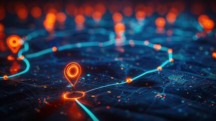 3D illustration of glowing location pins on a digital map, with an orange and blue color theme and a dark-colored background. 