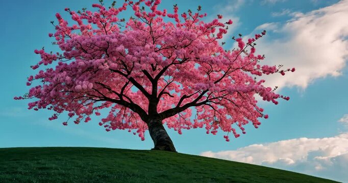 A blossoming cherry tree on a horizon. Flowering tree of cherry on green meadow. An old tree with a distinctive stem with pink flowers during the spring.