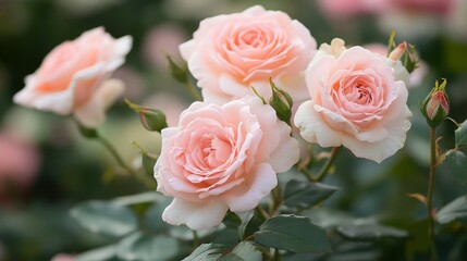 Delicate pink rose blooms are captured in beautiful garden setting