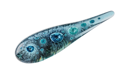 Paramecium caudatum swimming showing cilia, trichocysts and food vacuoles on transparent background