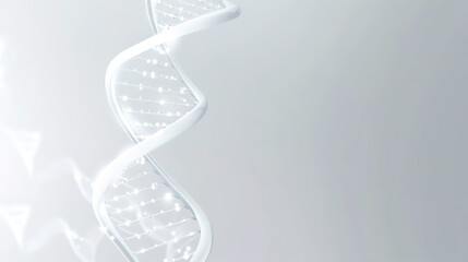 White background with a DNA double helix and a glowing light effect. Concept of medical research or science fiction technology .