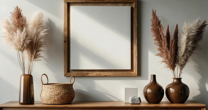 A charming framed mockup featuring boho decor, perfect for showcasing your art or photography. With earthy tones and natural textures, it creates a cozy and stylish atmosphere.
