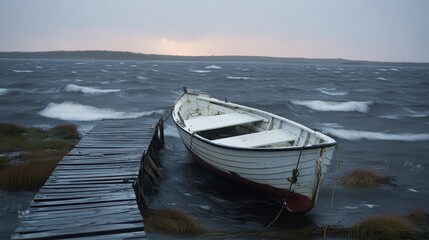 Obraz premium Abandoned Boat on a Stormy Waterfront Under a Dramatic Sky