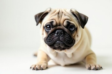 Obraz premium Playful pug looking at camera, pure white background, happy, asset