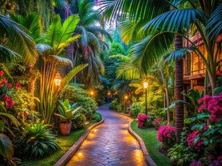 Fototapeta premium Palm trees sway, lush foliage whispers secrets, a surreal tropical escape awaits.