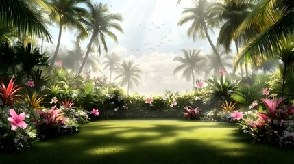 Fototapeta premium Lush tropical paradise, vibrant flowers, palm trees, sunny sky, tranquil garden, serene landscape, idyllic setting, peaceful scene, vacation destination, exotic flora.